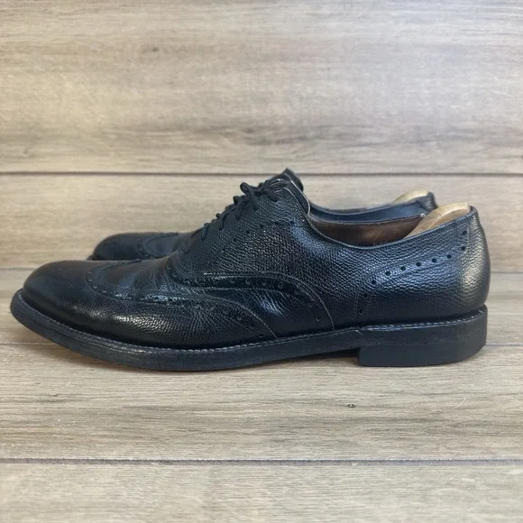 Vintage 70s Allen Edmonds Harwood Wingtip Oxford Black Pebbled Calf Shoes Sz 10A